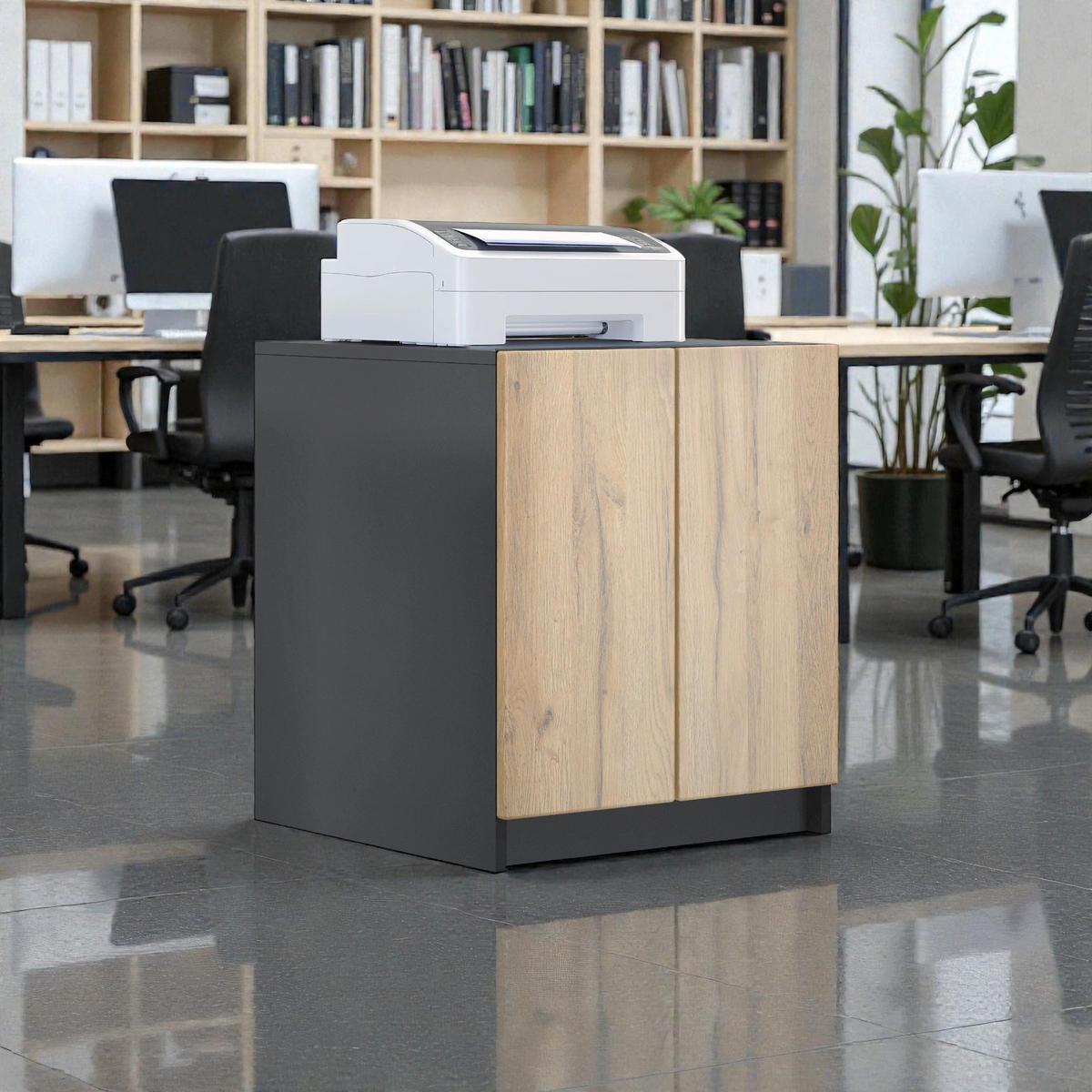 DRUCKERSCHRANK Elona, Druckerkommode mit Soft-Close & Push-to-Open, Home Office & Büro, Schwarz/Eiche Natur (51 x 60,5 x 54 cm) - Eiche Wotan, Holzwerkstoff (51/60.5/54cm) - InnoFurn