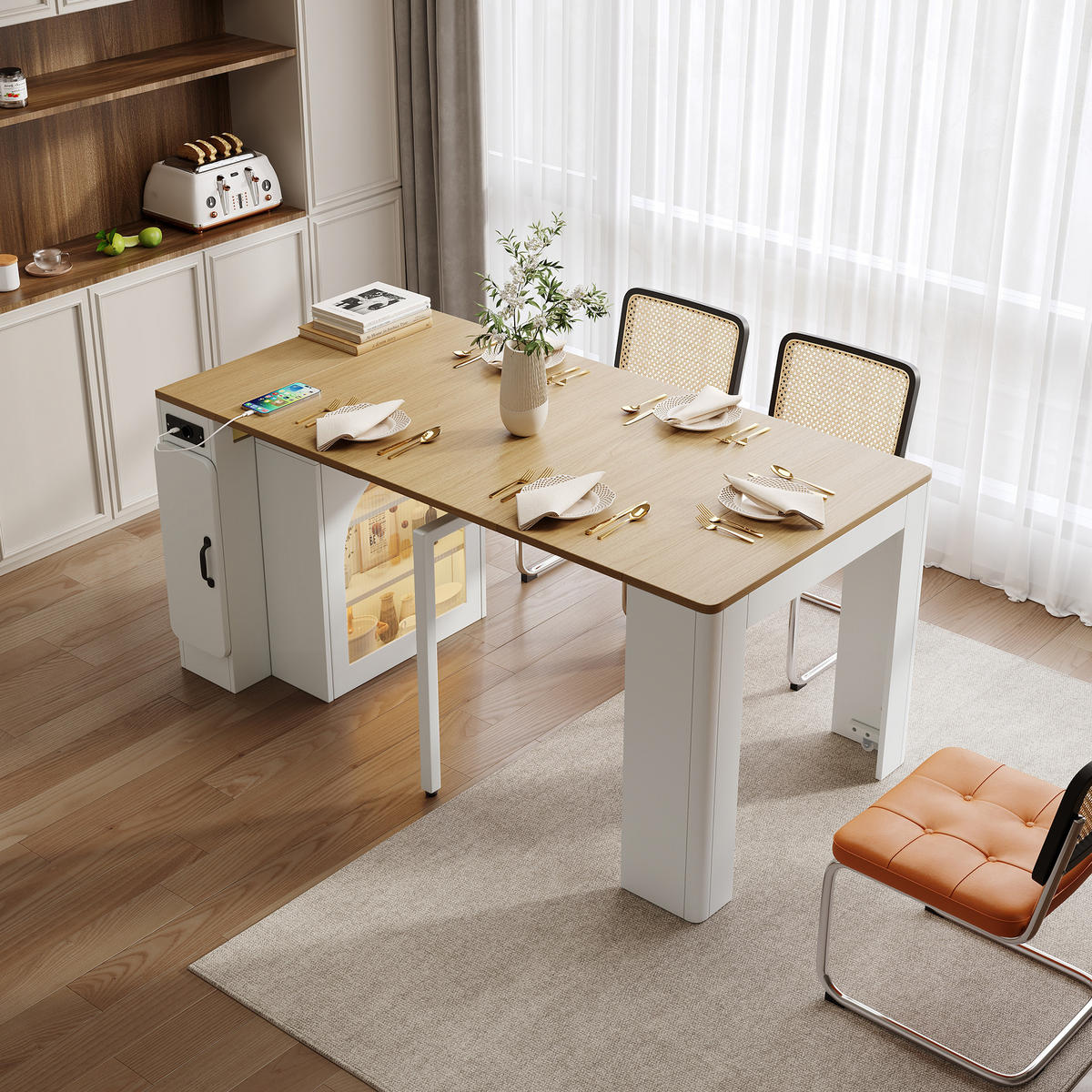 KÜCHENINSEL 83/39,6-149,6/77 cm aus MDF und Glas mit ausziehbarer Tischplatte Weiß/Naturfarben - Weiß, Holzwerkstoff (83/77/39.6cm) - Modenvie