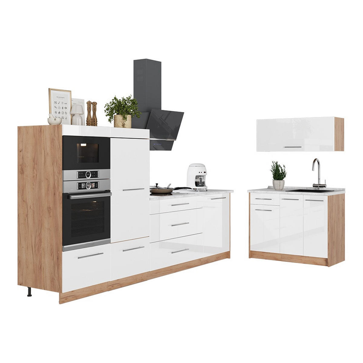 KÖK Fame-Line, Vit högblank/Goldkraft ek, 380 cm utan bänkskiva - Honungsek/Vit högglans, Träbaserade material (380/153.6/51.6cm) - Vicco