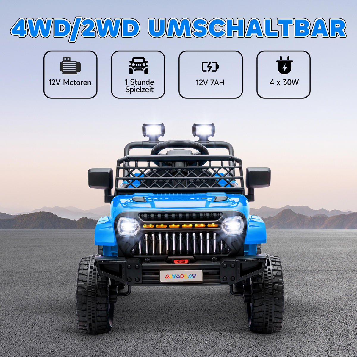 ELEKTRISCHES Kinderauto 12V, mit Anhänger, LED-Lichtern, Musik und Hupe, für Kinder im Alter von 3-8 Jahren, Hellblau - Hellblau, Kunststoff/Metall (122/62.5/65cm) - AIYAPLAY
