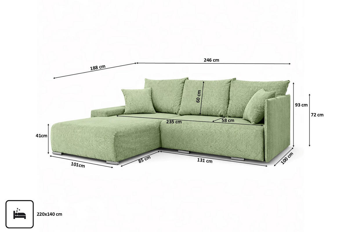 ECKSOFA L-Form Schlaffunktion Livorno Cord-Stoff Hellgrün Links - Chromfarben/Schwarz, Holz/Kunststoff (246/188cm) - Kaiser Möbel