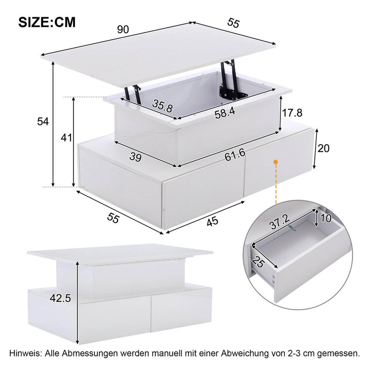 COUCHTISCH 90x55cm Weiß Hochglanz LED 4 Schubladen Stauraum 30kg - Weiß, Holz (101.6/62.23/10.8cm) - FLIEKS
