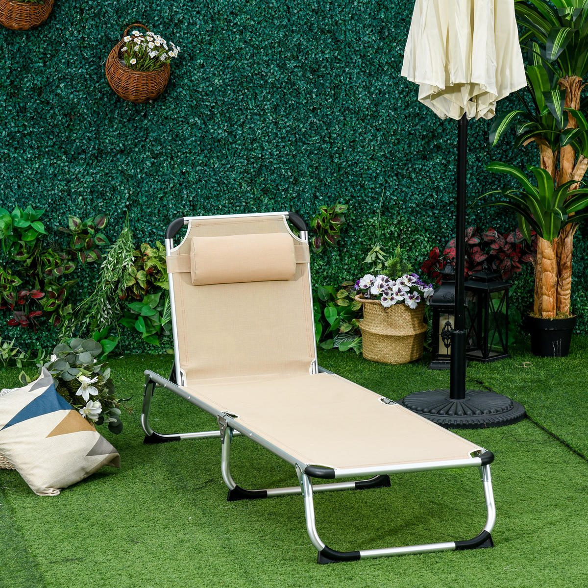GARTENLIEGE mit 4-stufig verstellbaren Rückenlehne, Beige - Beige, Textil/Metall (60/19.5/80cm) - Outsunny