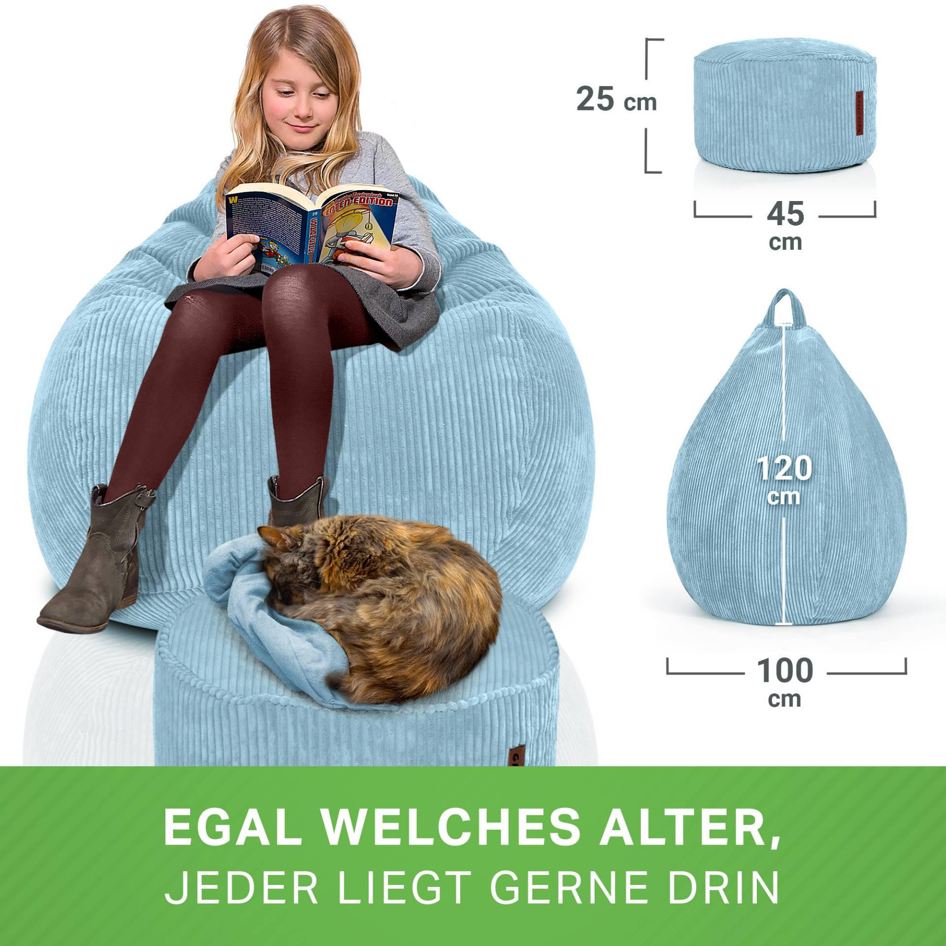 XXL-SITZSACK 2er Set + Pouf - Cordstoff - Hellblau, Textil (90/110/90cm) - Green Bean