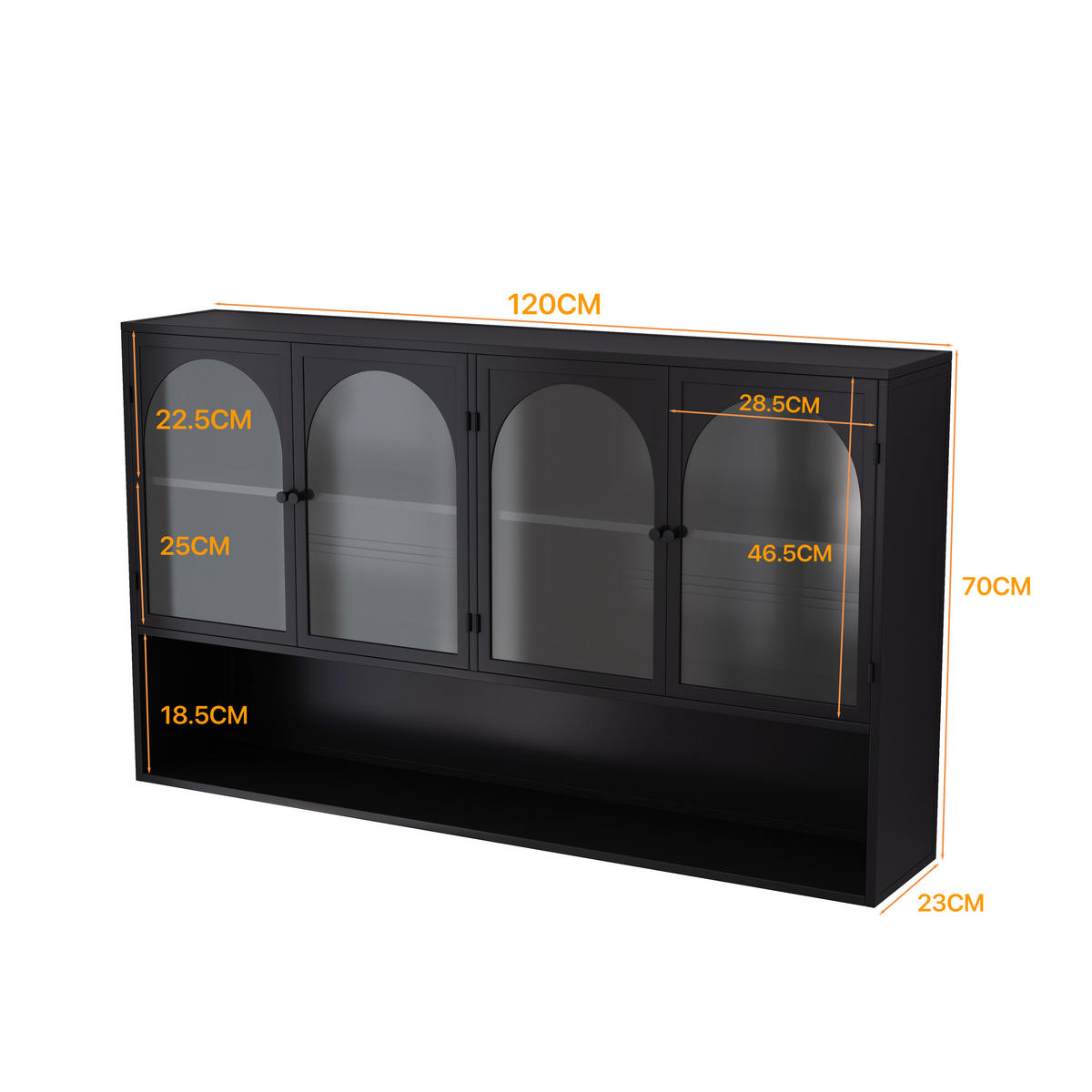 HÄNGESCHRANK DE-38130 120/23/70 cm mit 4 Glastüren Schwarz - Schwarz, Metall (120/70/23cm) - ComfortXL