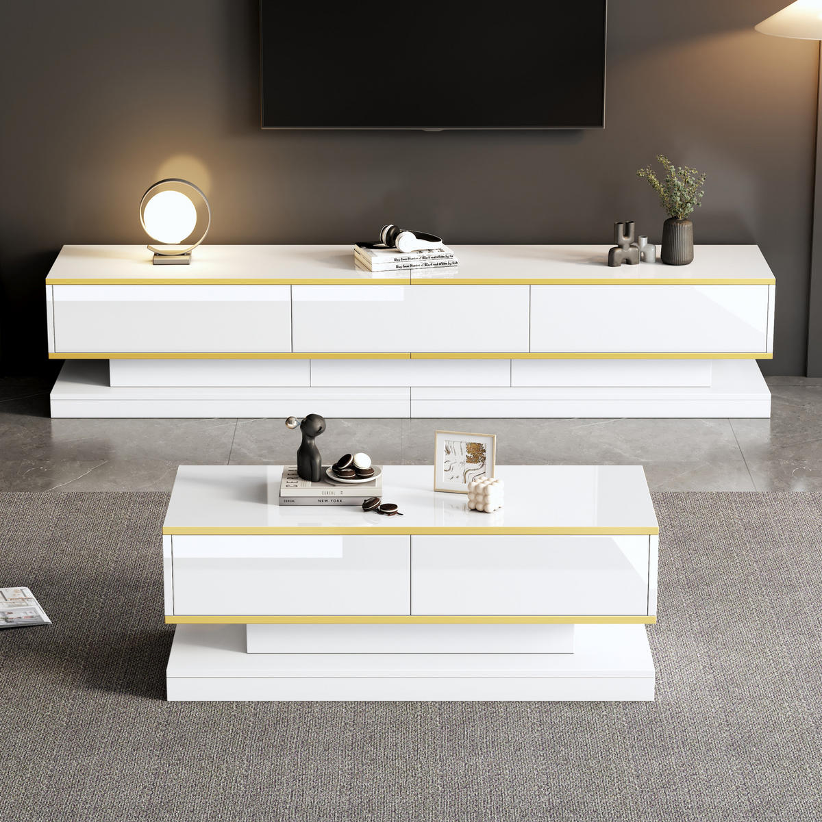LOWBOARD 200/40/40 cm und 100/50/38 cm in Warmweiß aus Spanplatte mit Schubladen - Weiß, Holzwerkstoff (40/40/200cm) - OKMYHOME