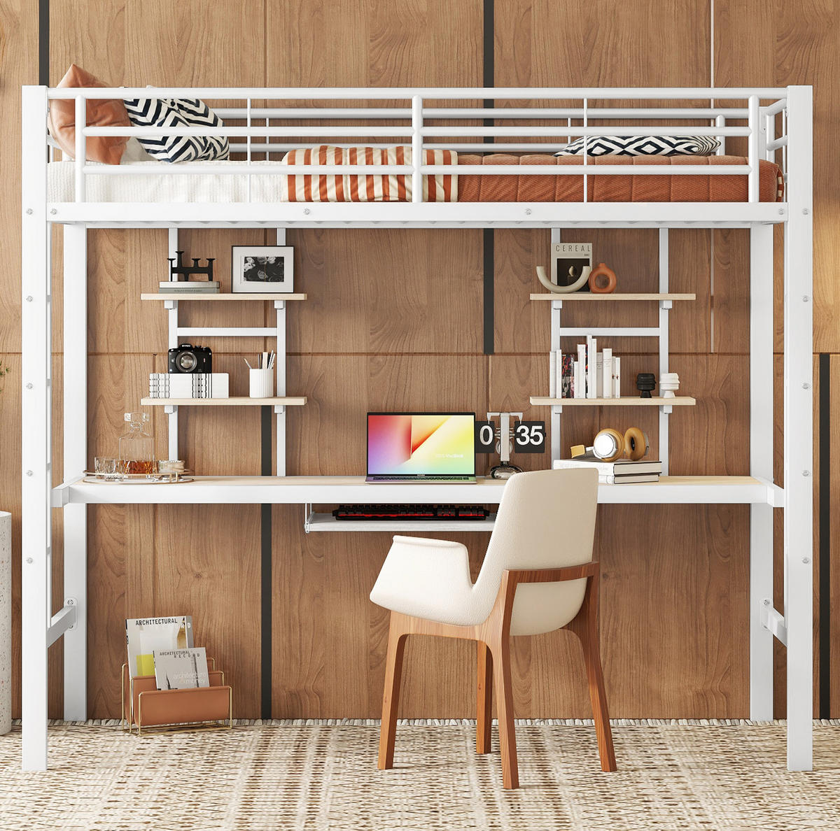HOCHBETT 90/200 cm Weiß aus Metall mit Schreibtisch und 2 Regalen - Weiß, Metall (90/200cm) - OKMYHOME