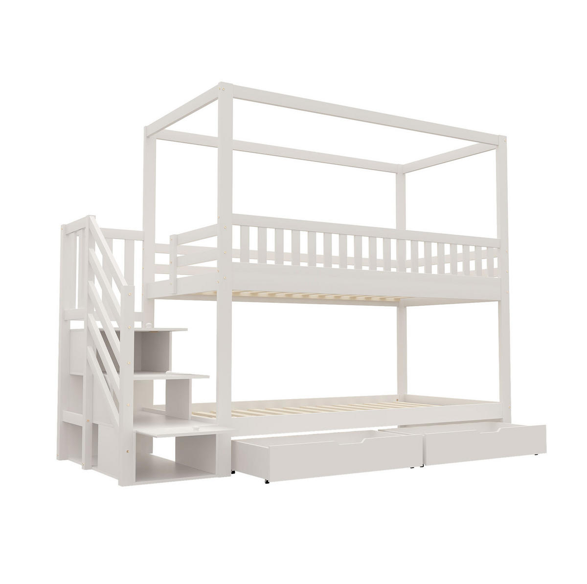 ETAGENBETT 90/200 cm aus Massivholz mit Hausform und Sicherheitsleiter - Weiß, Holz (90/200cm) - OKWISH
