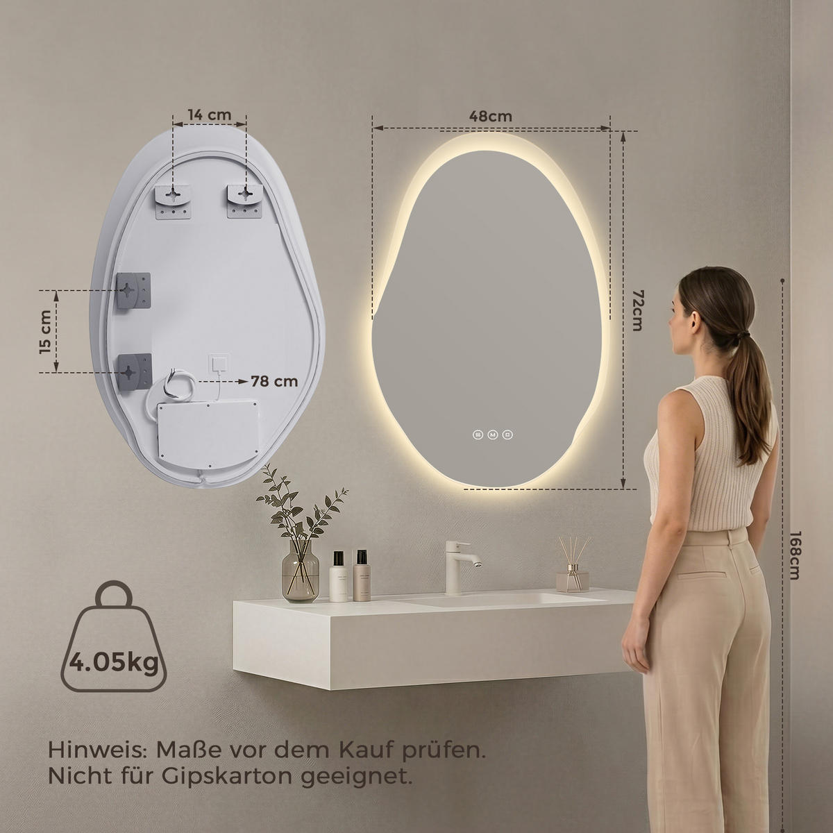 BADSPIEGEL mit Beleuchtung 48/72 cm asymmetrisch rahmenlos LED dimmbar mit Antibeschlag - Transparent, Glas (72/48/2.5cm) - S'AFIELINA