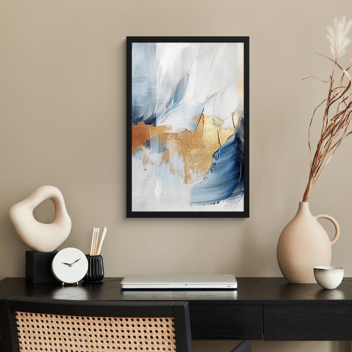 GERAHMTES BILD Gold - Blau - Aquarell - Kunst - Modern 40x60 cm - Hellblau, Papier (40/60cm) - MuchoWow