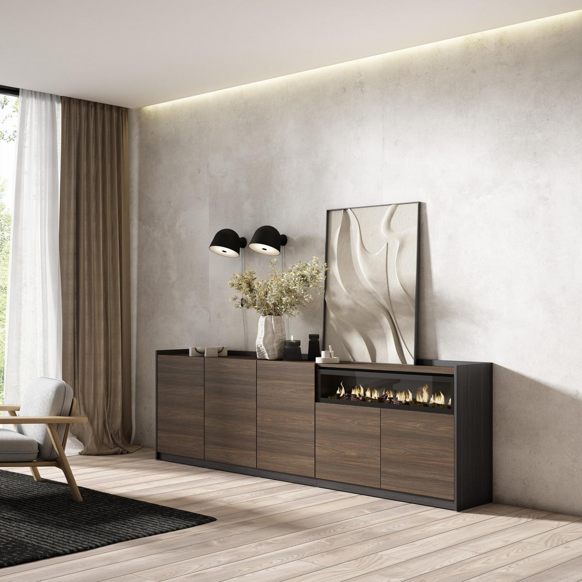 SIDEBOARD, Dunkler Eiche und Schwarz, Elektrokamin, 260/37/80cm - Dunkelbraun, Holzwerkstoff (260/80/37cm) - Skraut Home