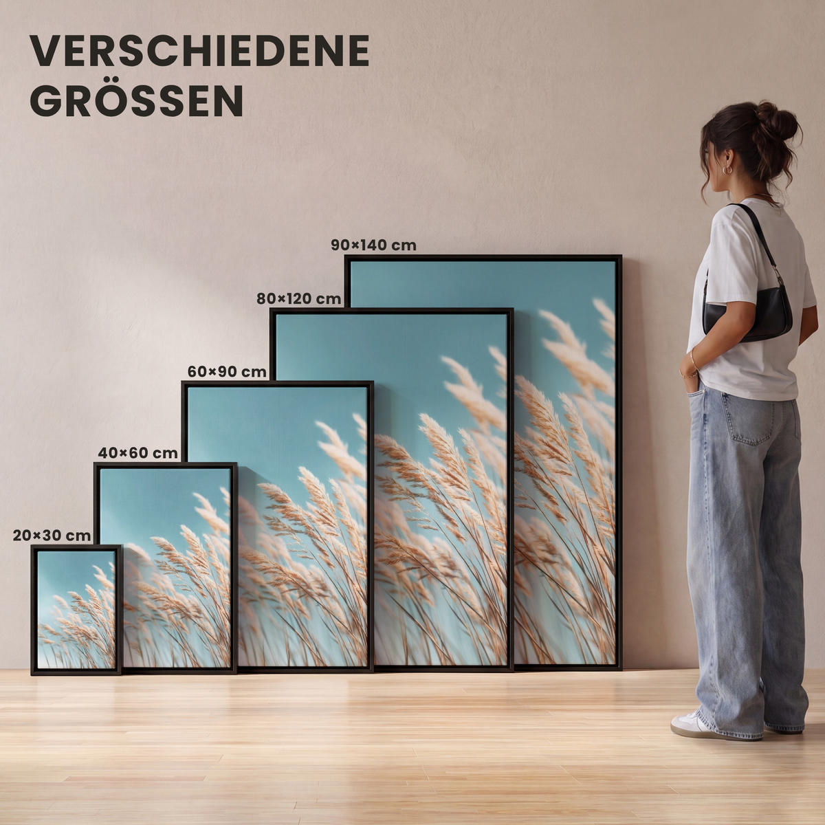 LEINWAND Bilder mit Rahmen - Ziergras - Wind - Hellbraun - 60x90 - Hellblau, Textil (60/90cm) - MuchoWow