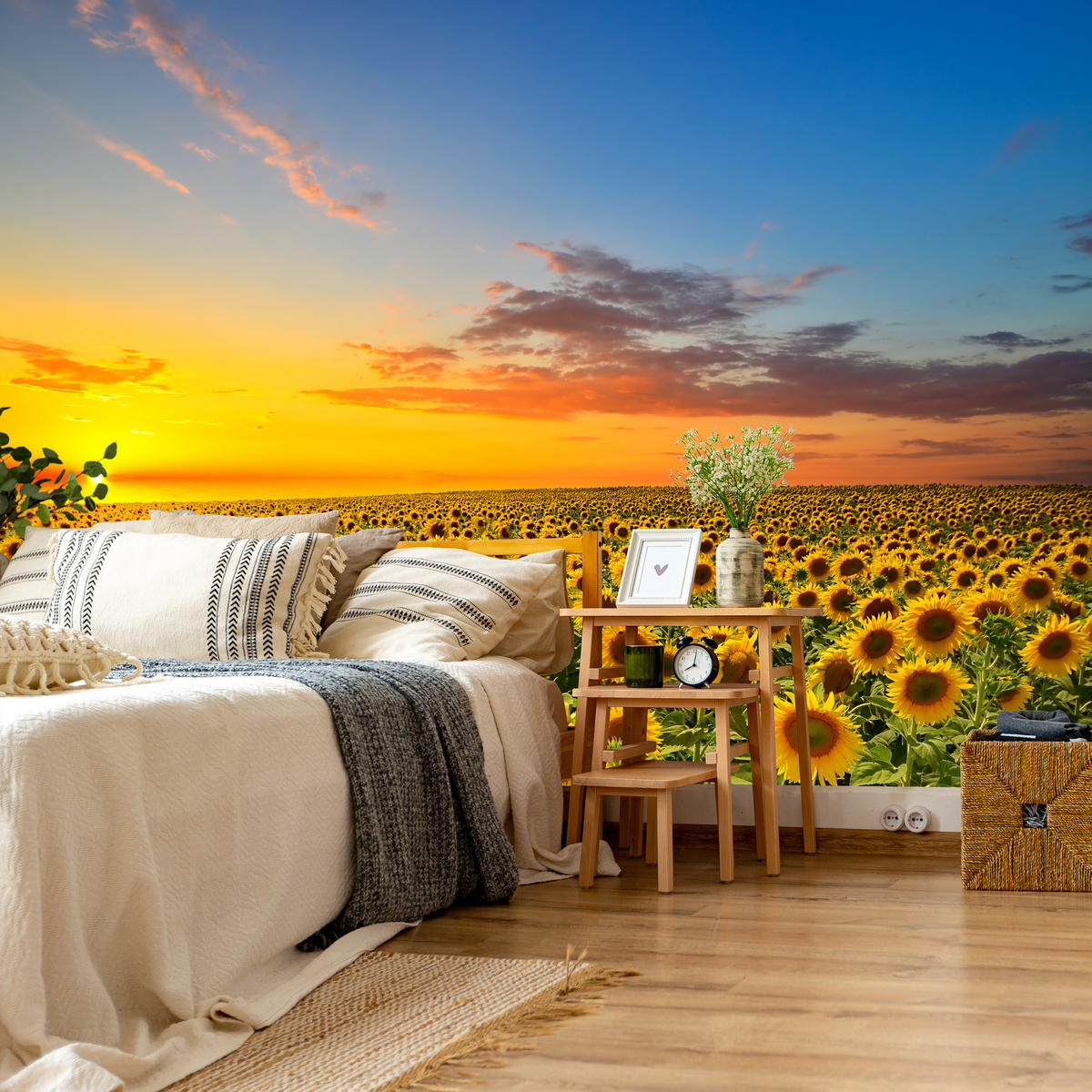 FOTOTAPETE für Küche Sonnenuntergang Sonnenblumenfeld Blumen 450x315 - Gelb/Orange, Papier (450/315cm) - Muralo