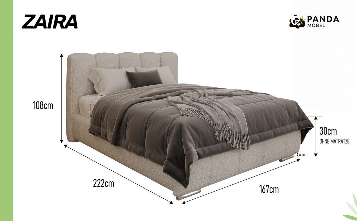 POLSTERBETT ZAIRA 140 x 200 cm mit Bettkasten und Lattenrost, 7-Zonen-Taschenfederkernmatratratze CIRA (24 cm) – Taupe - Cappuccino, Holz (100/206cm) - Panda Möbel