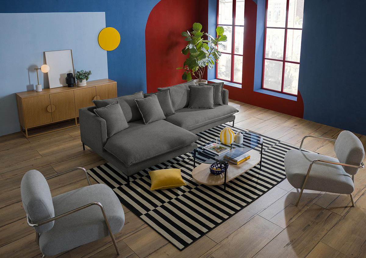 ECKSOFA mit Longchair - Grau - Webstoff - Dunkelgrau, Textil/Metall (261/140cm) - home24