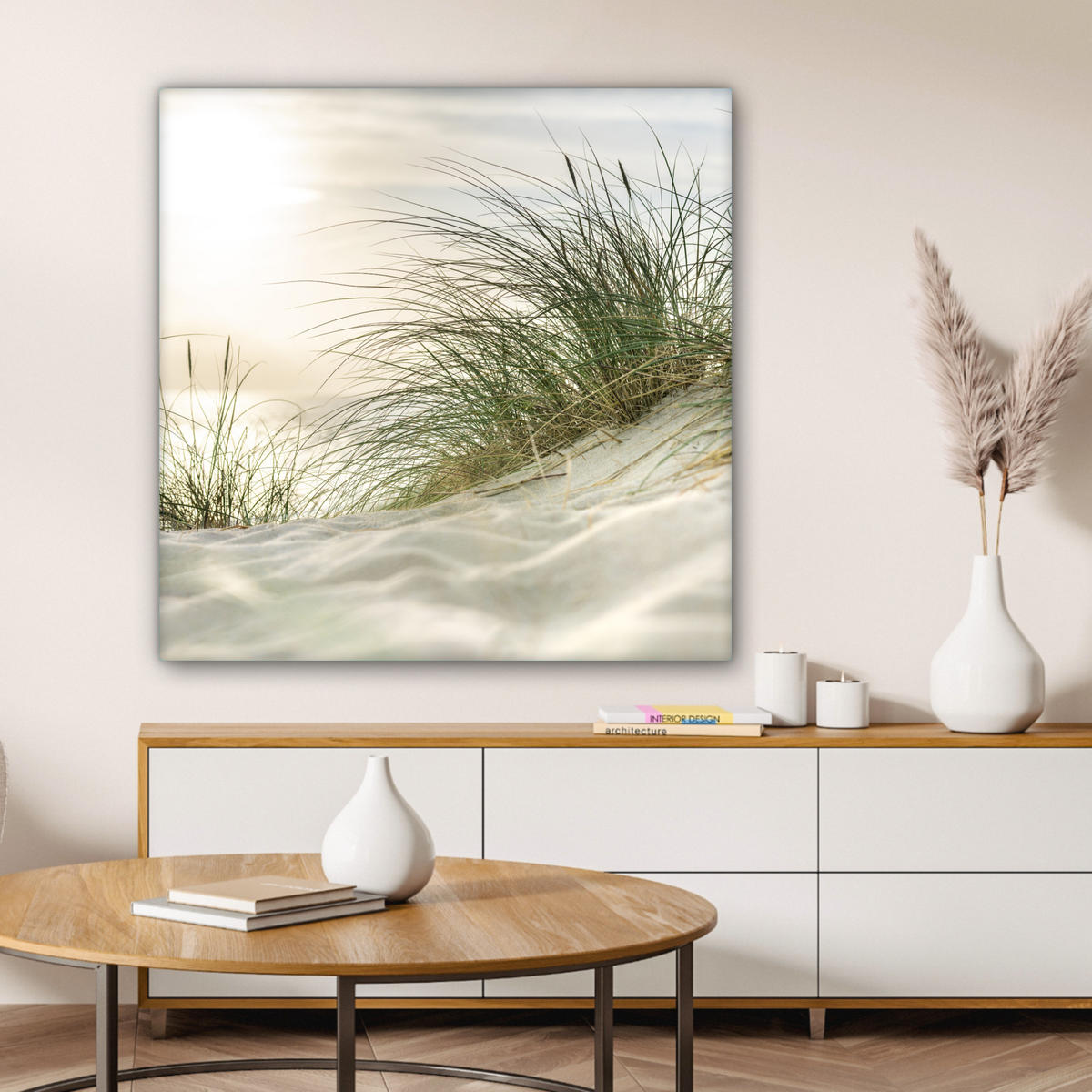 LEINWANDBILD Dünen mit Strandhafer in der Sonne des Nationalparks Schleswig-Holsteinisches Wattenmeer Deko Groß 90x90 cm - Creme, Textil (90/90cm) - MuchoWow
