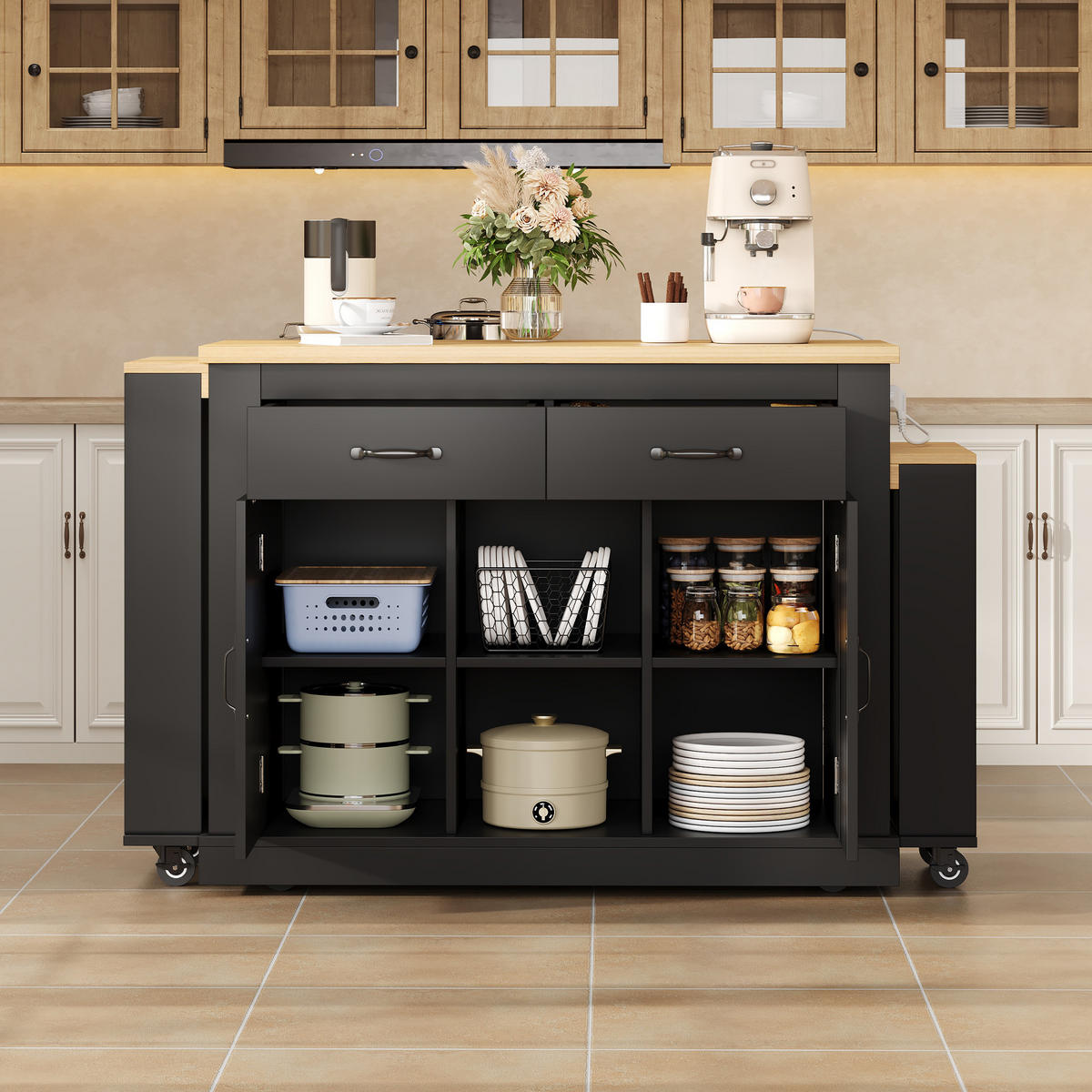 KÜCHENINSEL 142/55/93 cm schwarz aus MDF mit Ausziehplatten - Schwarz, Holzwerkstoff (142/93/55cm) - OKWISH