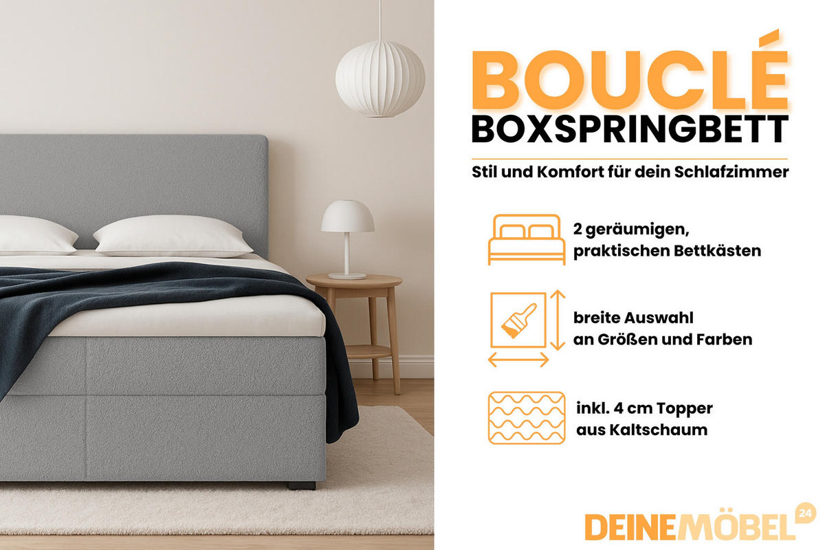 BOXBETT BOUCLE 160/200 in Boucle Grau H3 - Grau, Holz/Holzwerkstoff (160/200cm) - Deine Möbel 24