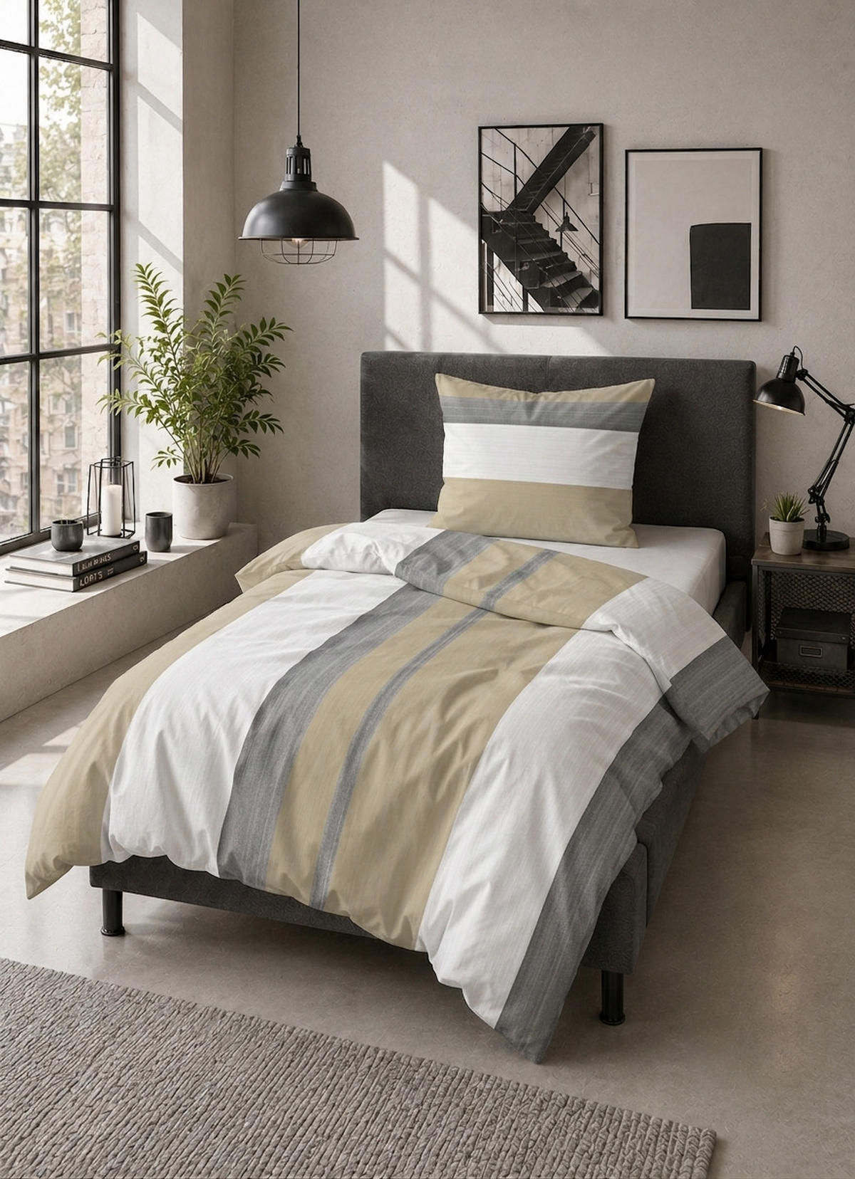 BETTWÄSCHE-GARNITUR Thermofleece Längsstreifen kitt, 135x200 cm + 80x80 cm - Beige, Textil (135/200cm) - Castell