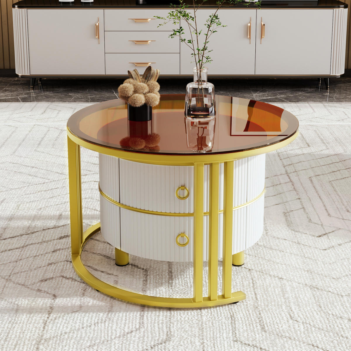 COUCHTISCH-SET 2-teilig, rund, MDF & Hartglas, 2 Schubladen, 70/70/45 + 50/50/40 cm，Weiß - Weiß, Holzwerkstoff (70/70/45cm) - Redom