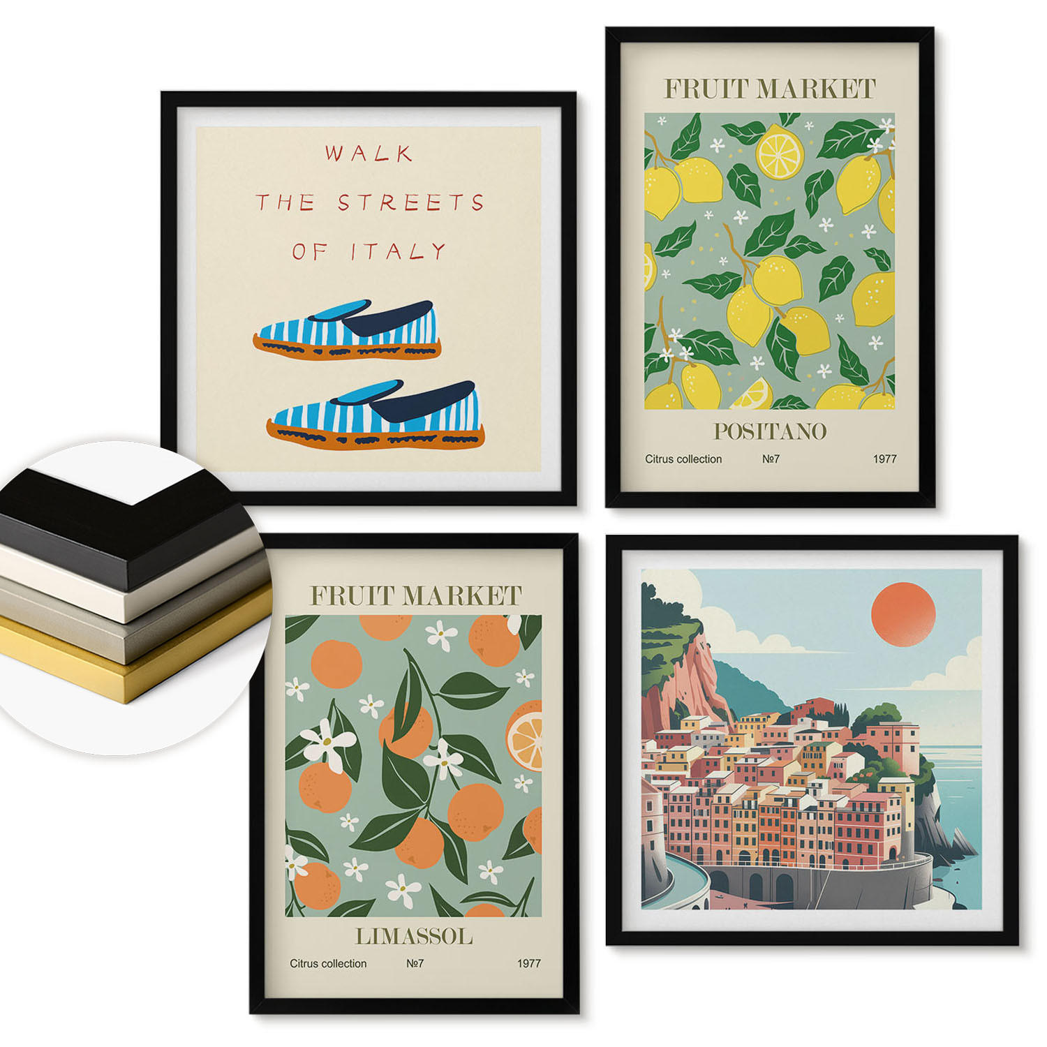 WANDBILDER 4er-Set - 50x50 cm & 40x60 cm Schwarzer Rahmen - Fruchtmuster der italienischen Kultur - Schwarz, Kunststoff (50/50cm) - ArtPrintCave