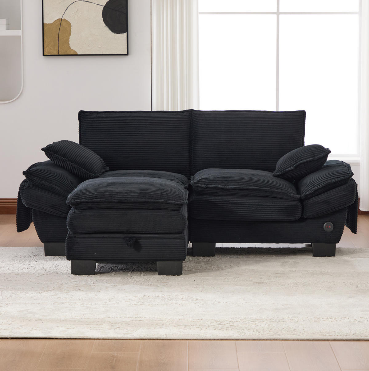 SOFA 2-Sitzer mit Hocker 190 x 132 cm Cord Schwarz - Schwarz, Kunststoff (132/190cm) - Meubliv
