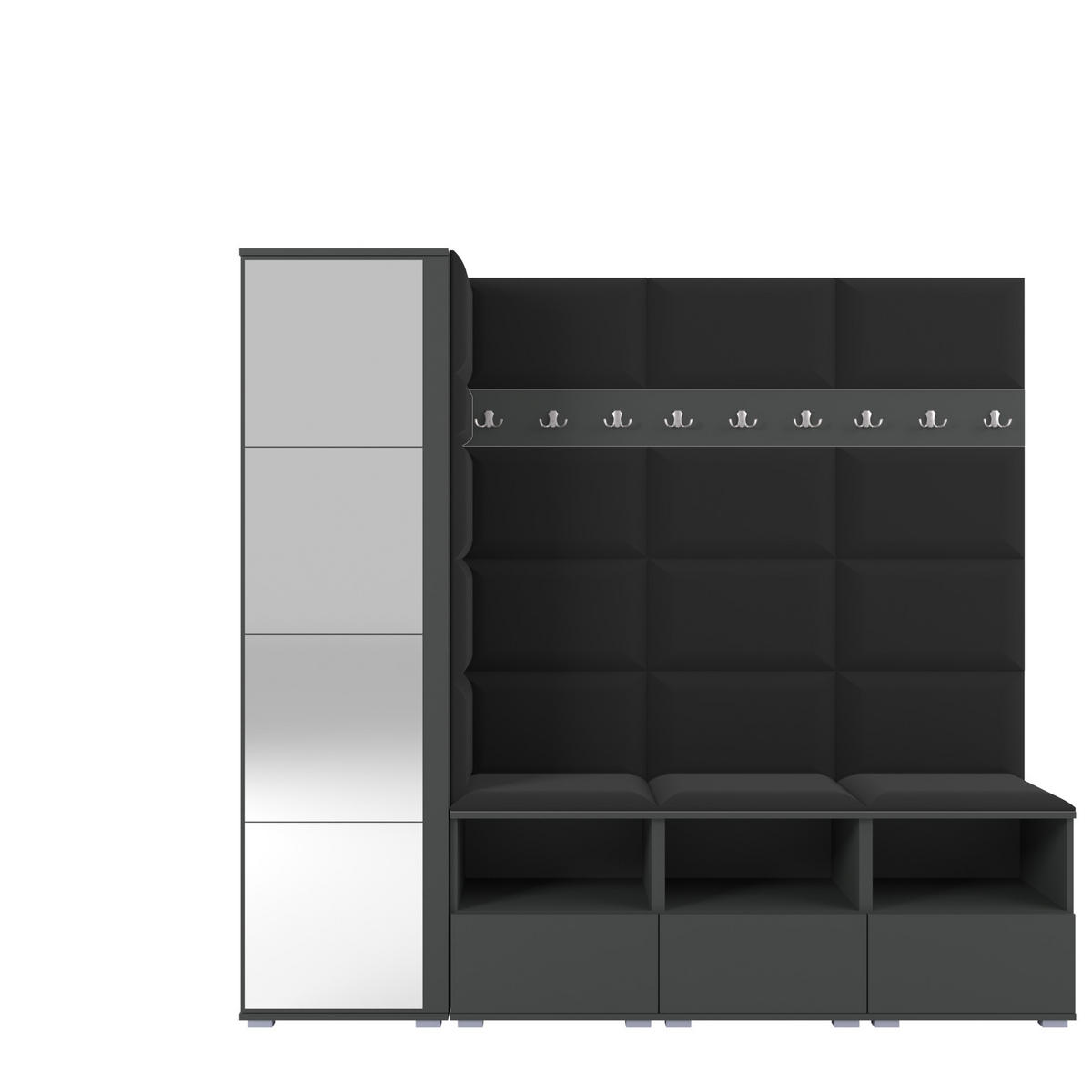 GARDEROBE NELA IX 200 cm (Modulare Flurmöbel Graphit mit Spiegel & Sitzpolster Schwarz 16 Breite Sitzbank) - Silberfarben/Schwarz, Holz/Holzwerkstoff (200/187/40cm) - Ravio