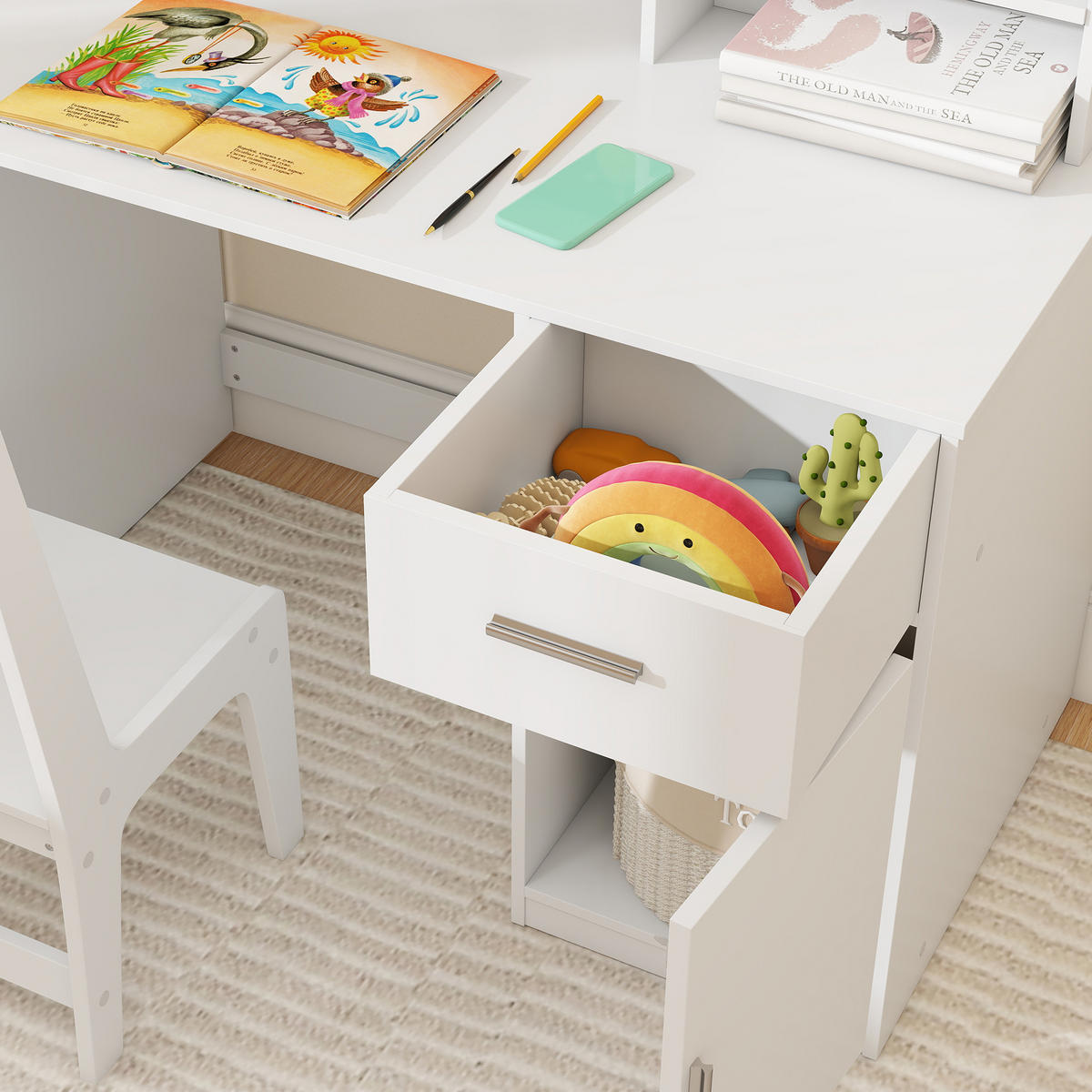 SCHREIBTISCH-SET DE-17563 mit Schrank, Schublade und Korktafel Weiß - Weiß, Holzwerkstoff (90.2/90.8/48.1cm) - ComfortXL