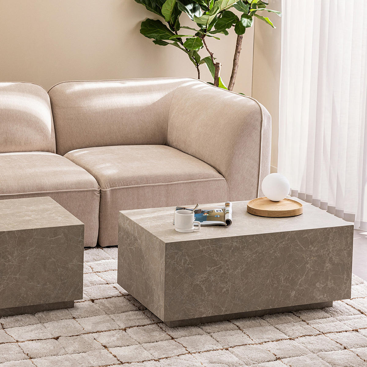 COUCHTISCH mit Marmor-Effekt 90x50cm - LIPANI - Beige - Beige, Stein (90/50/40cm) - Drawer