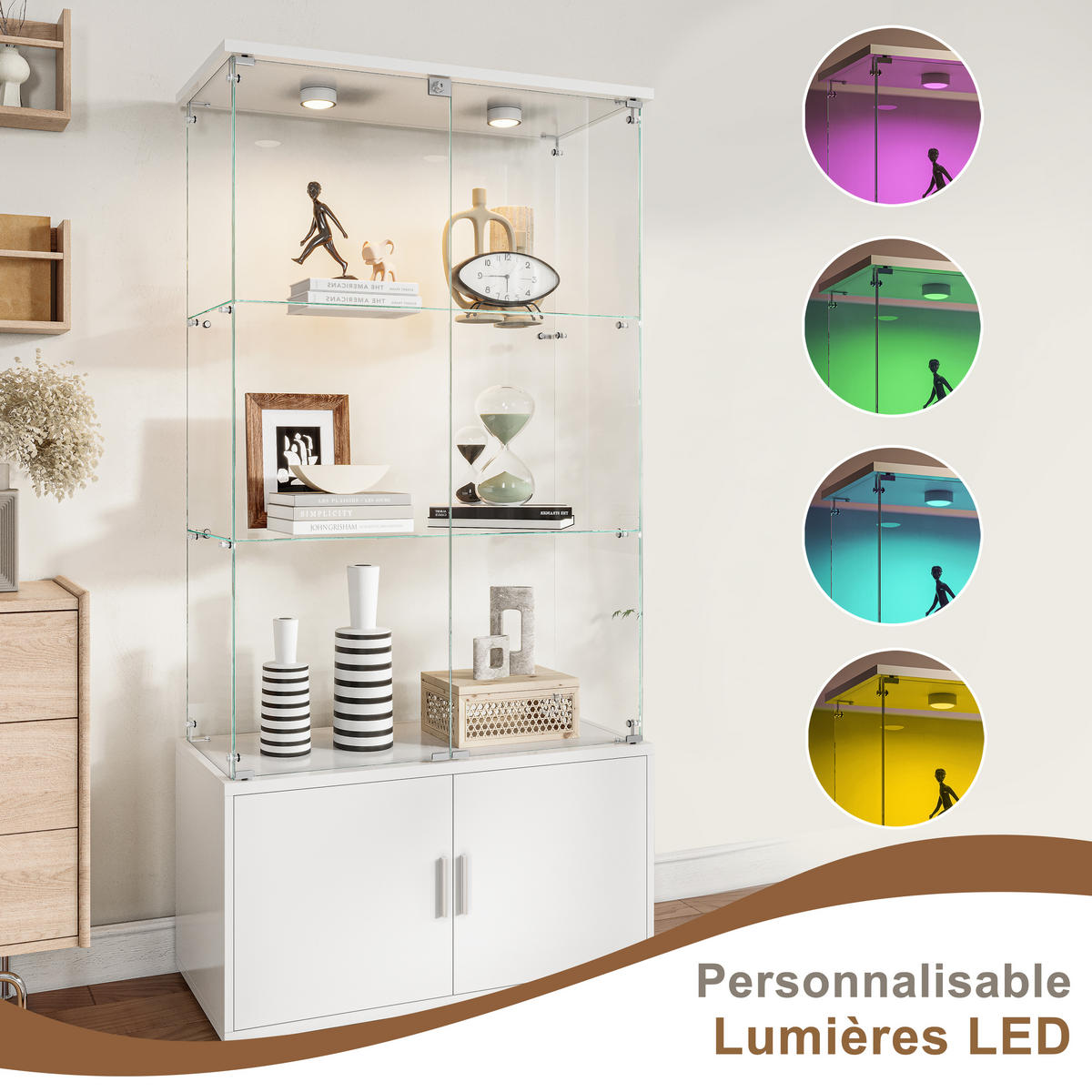 VITRINE Weiß, LED, 4 Türen, 4 Böden, 2 verstellbare Böden - Weiß, Holz (78/164/35cm)