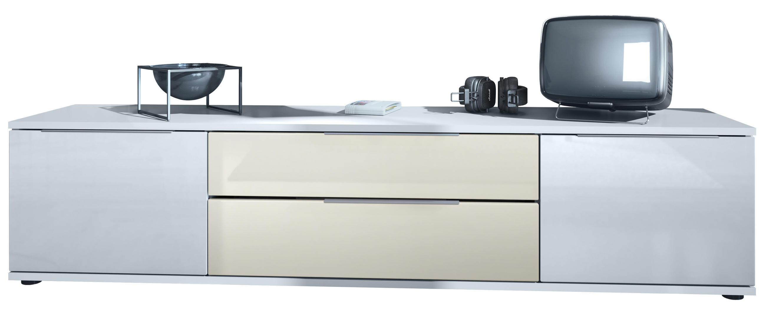 Vladon Lowboard Weiß Hochglanz, Creme 166.5x37.5x35 cm
