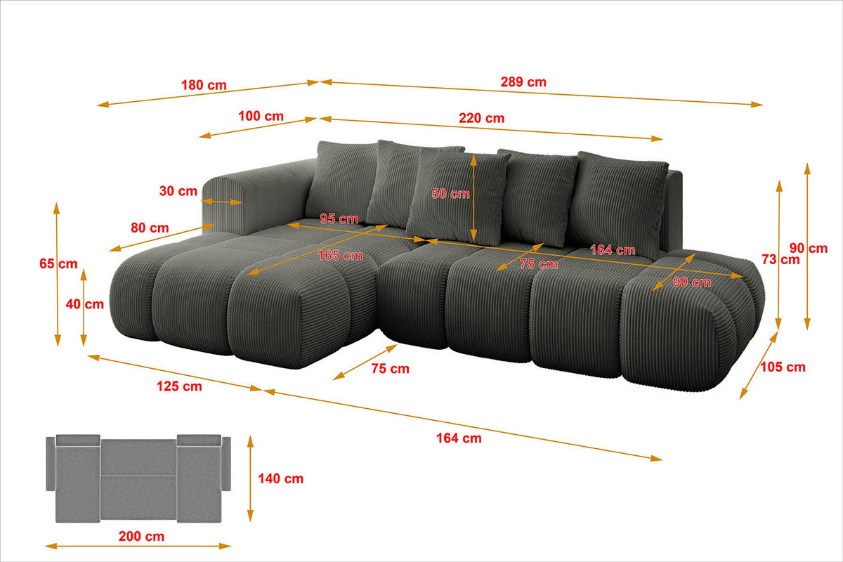 ECKSOFA Ottomane Links CLOUD-L-v1 289x180x40 Dunkelgrau Cord - Dunkelgrau, Holzwerkstoff/Kunststoff (180/289cm) - ALTDECOR