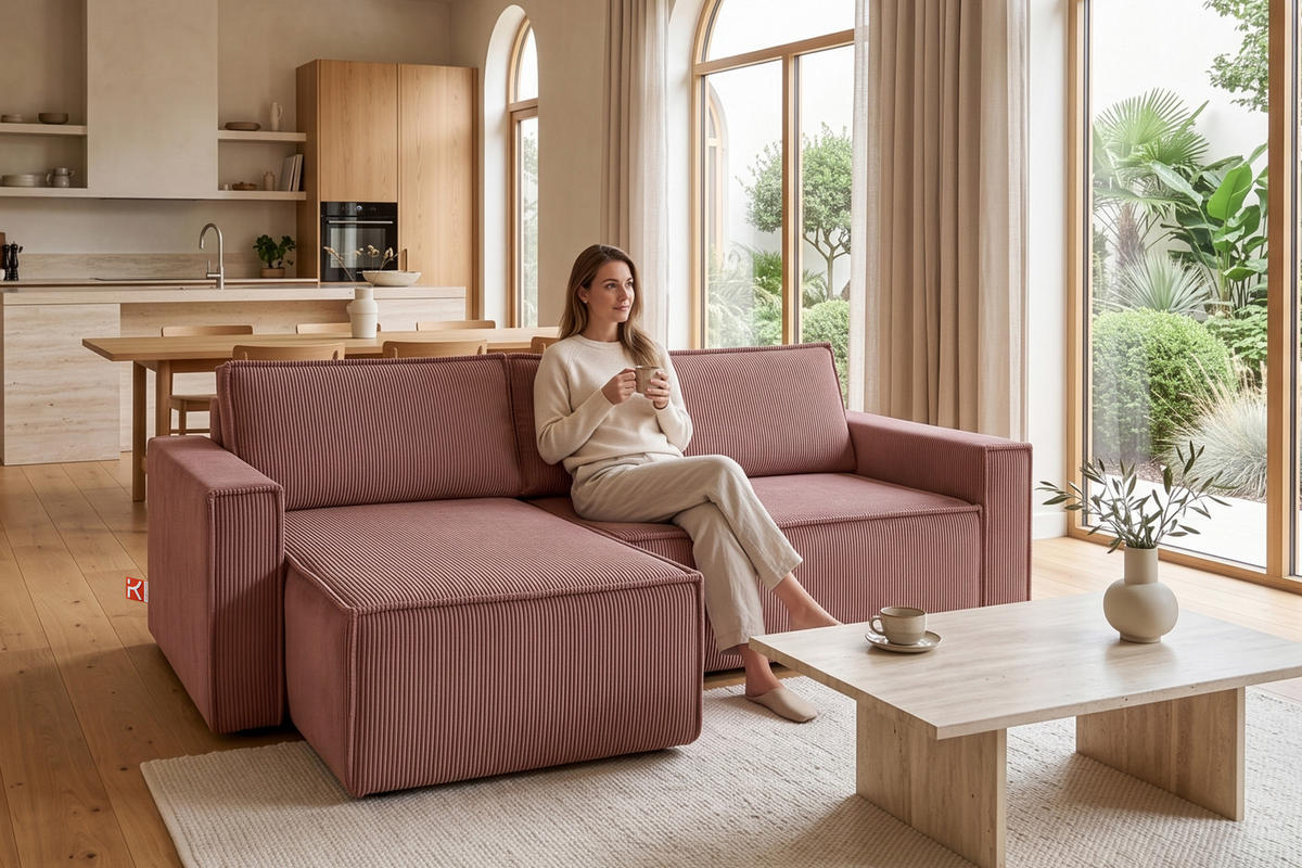 ECKSOFA-LINKS/RECHTS NAPI Schlaffunktion mit Cordbezug, Rosa - Pink/Schwarz, Textil (246/148cm) - KONSIMO®