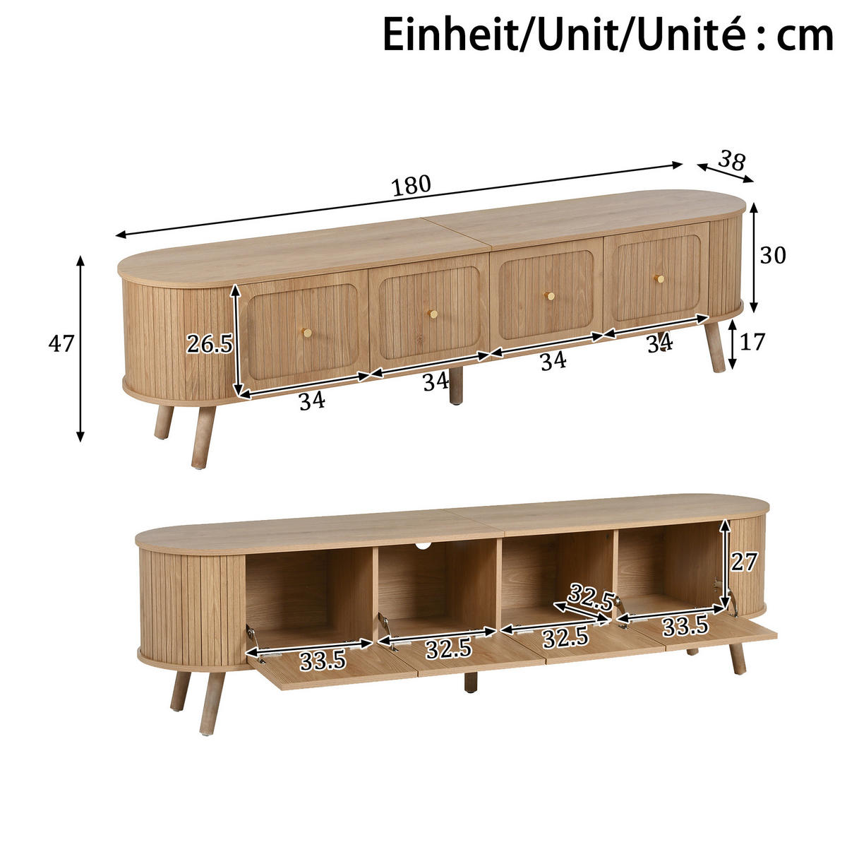 TV-SCHRANK 180/38/47 cm Eiche aus MDF mit Klapptüren - Braun, Holzwerkstoff (180/47/38cm) - OKWISH