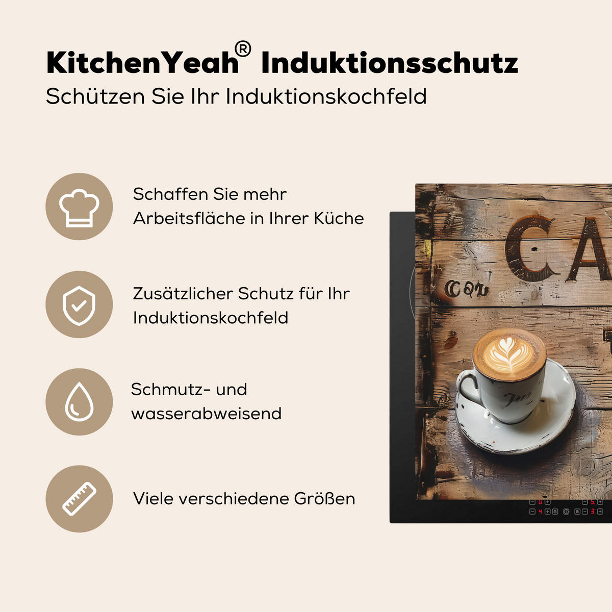 HERDABDECKPLATTE Cafe - Holz - Kaffee - Regale Ceranfeldabdeckung 59x52 cm - Schwarz, Kunststoff (59/52/0.2cm) - MuchoWow