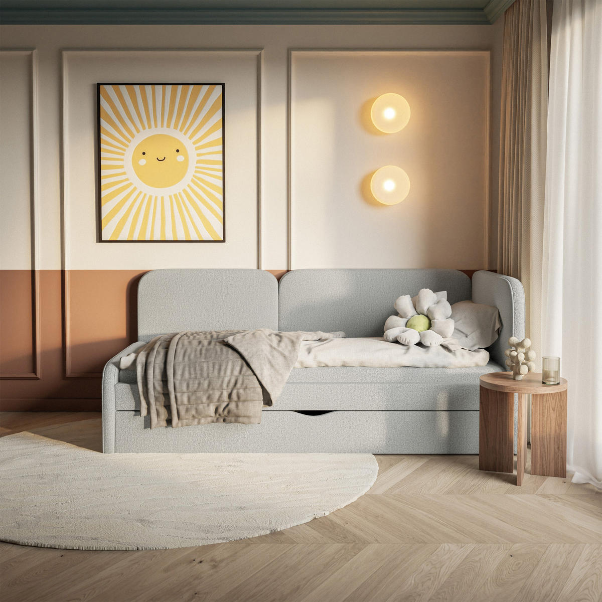 ČALOUNĚNÁ postel Cuddy, čelo vpravo, pletená látka greige, 90x200 cm - černá/šedohnědá, textil/plast (90/200cm) - Selsey