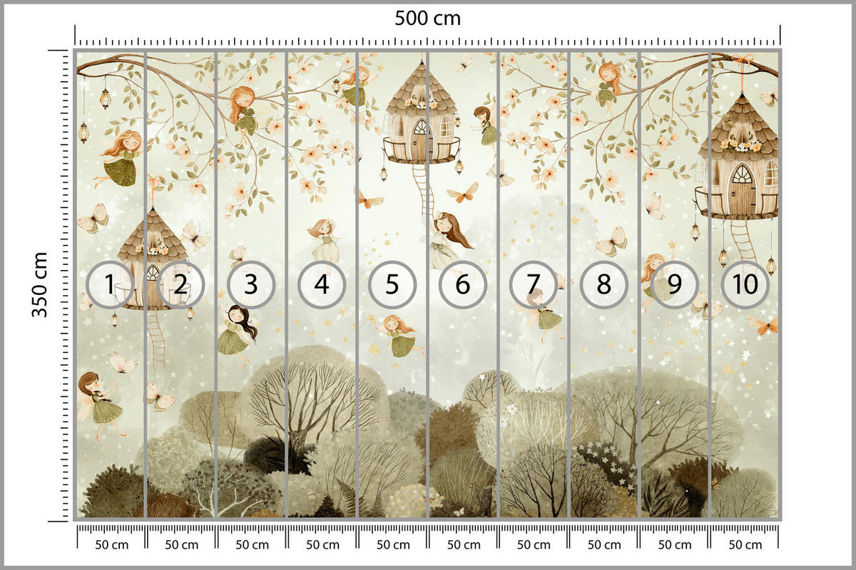 FOTOTAPETE für Kinderzimmer Waldfeen Blumen Sterne Schmetterlinge Baum 500x350 - Beige/Orange, Papier (500/350cm) - Muralo