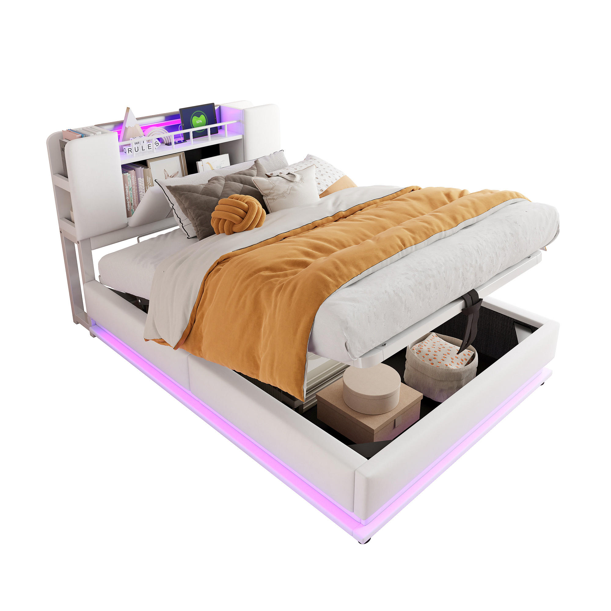ČALOUNĚNÁ POSTEL 90/200 cm v béžové barvě s úložným prostorem, LED a USB - béžová, kov/kompozitní dřevo (90/200cm) - CHICFURN