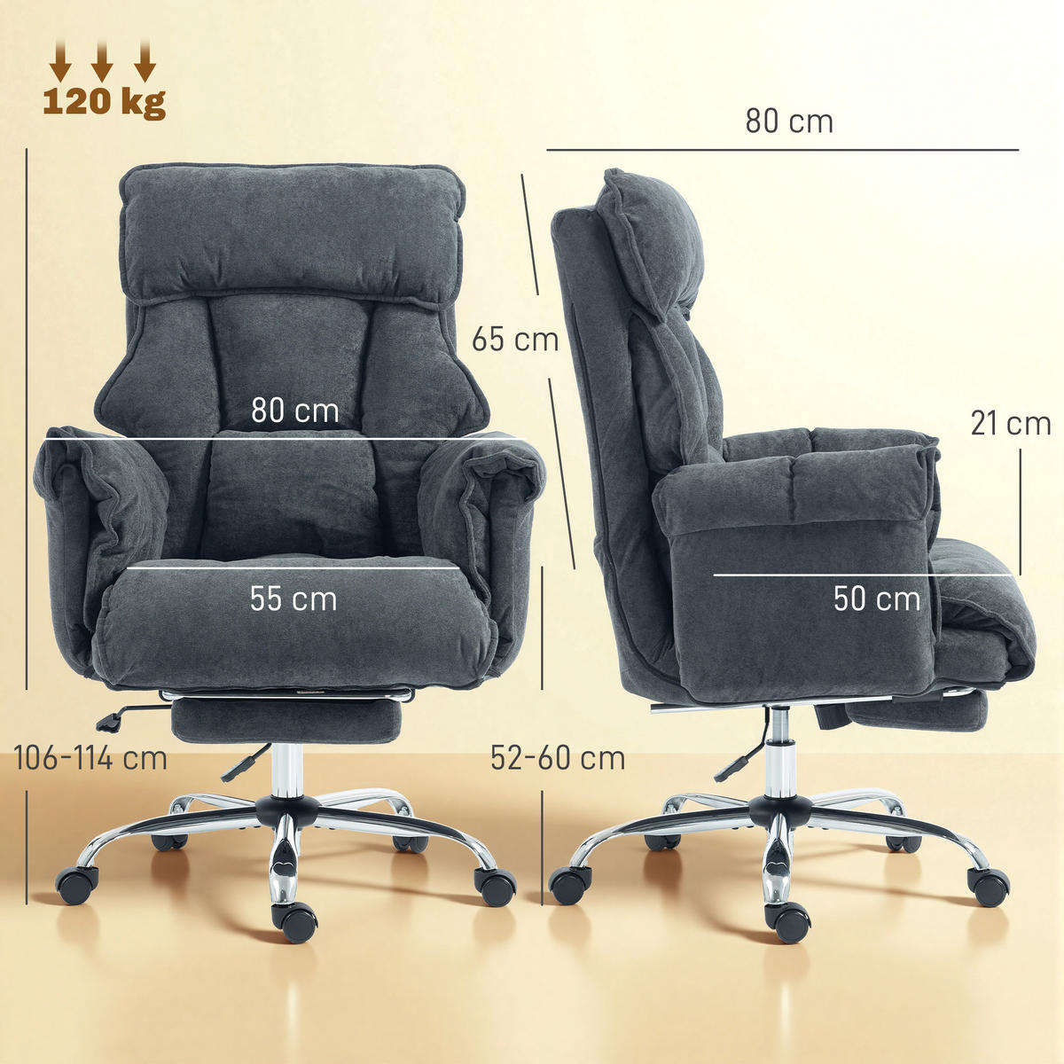 BÜROSTUHL höhenverstellbar Dunkelgrau 80/80/106 cm - Dunkelgrau/Silberfarben, Textil/Metall (80/114/80cm) - HOMCOM