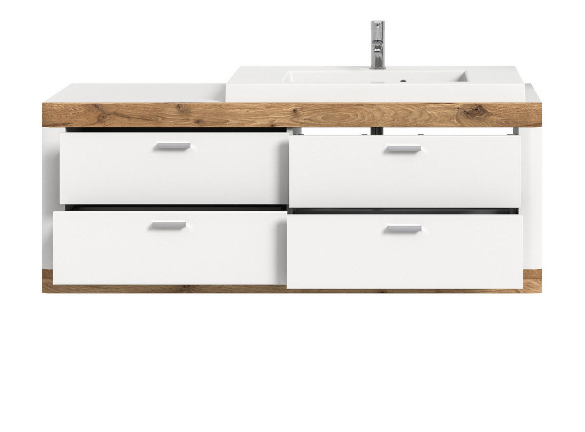 WASCHTISCHKOMBI weiß und Eiche, Waschtisch hängend mit Waschbecken, Breite 166 cm, Soft-Close - Eichefarben/Silberfarben, Holzwerkstoff/Kunststoff (132/50/48cm) - Inn.Furn