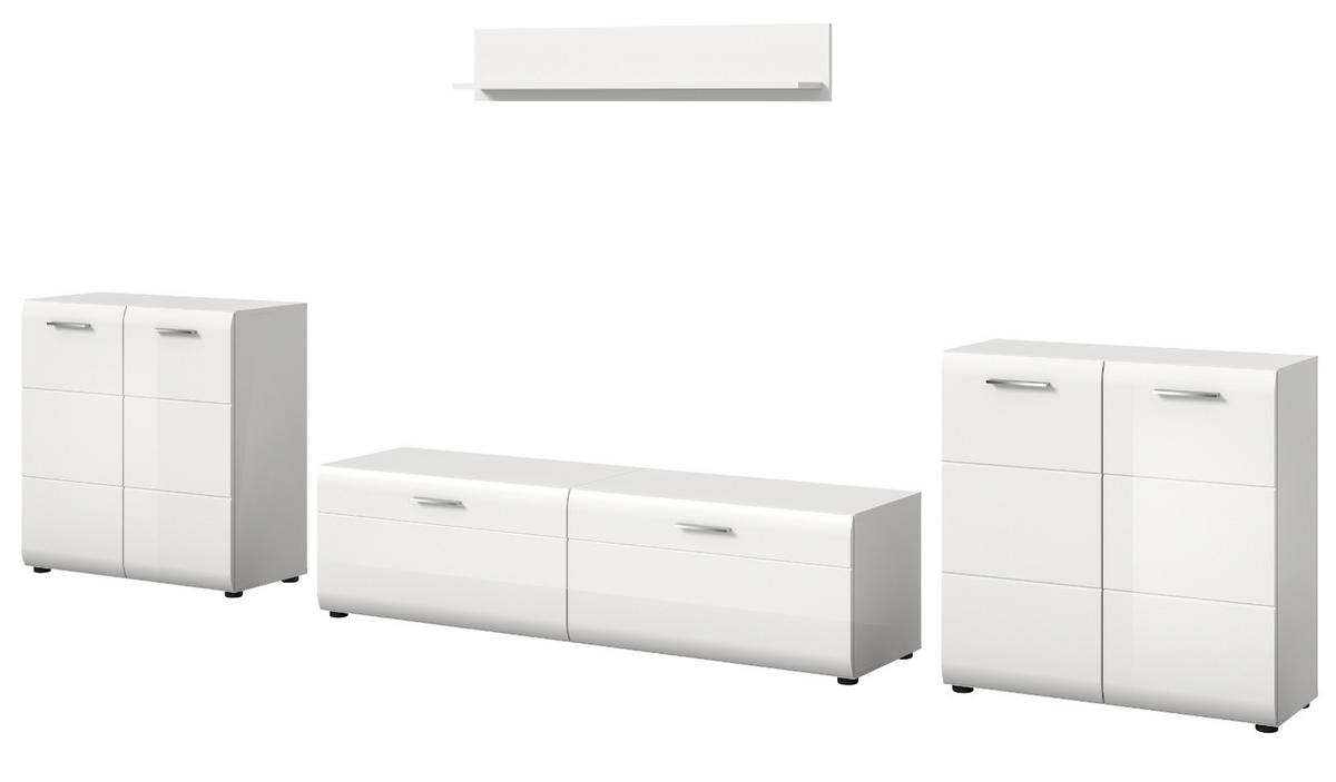 WOHNWAND weiß Hochglanz 4-teilig 350 cm, Schrankwand mit viel Stauraum - Weiß Hochglanz/Silberfarben, Glas/Holzwerkstoff (350/160/41cm) - Inn.Furn