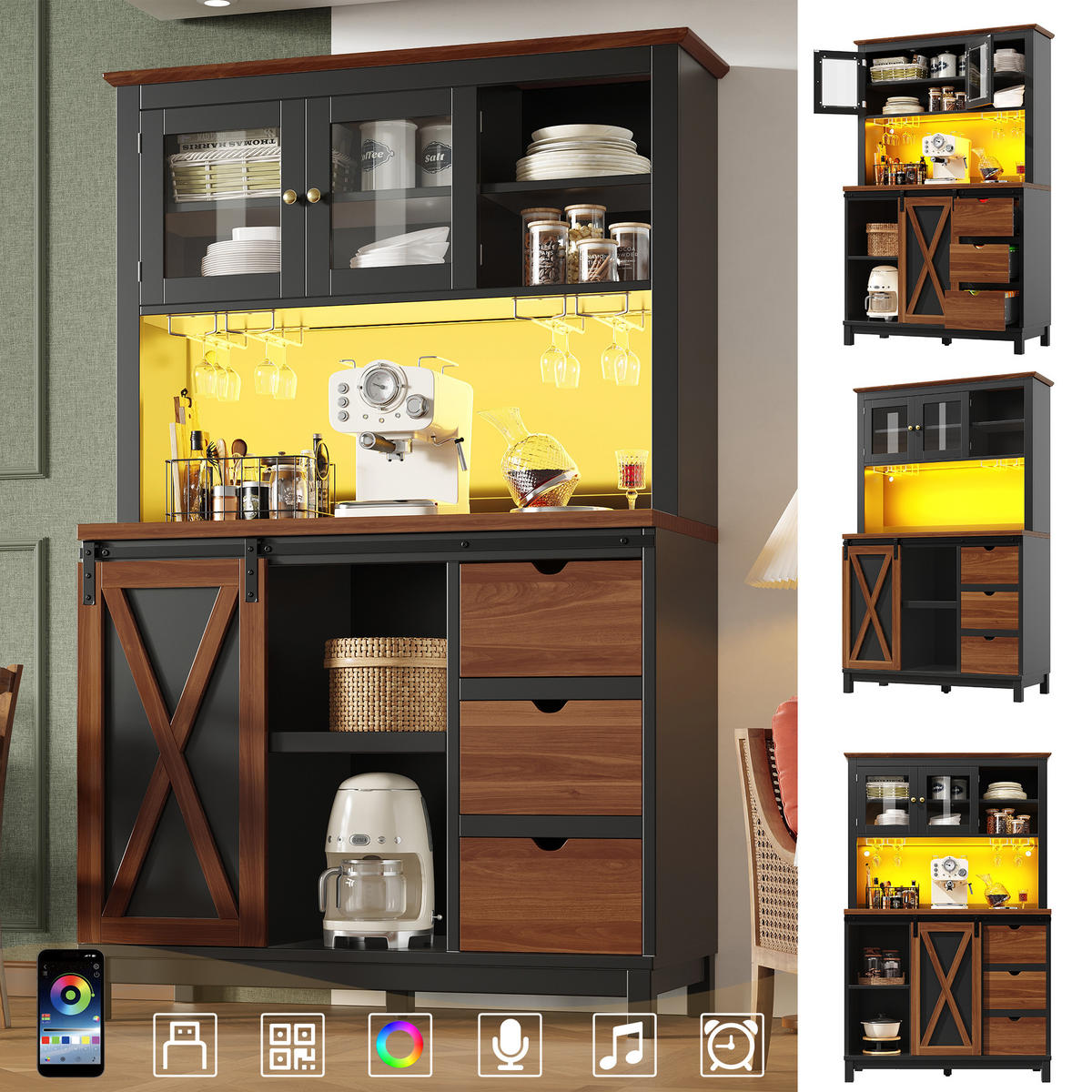 BUFFET LED App Steuerung Schiebetür Glas verstellbare Böden 92 cm modern - Schwarz/Braun, Glas/Holzwerkstoff (104/180/40cm) - EVRYAE