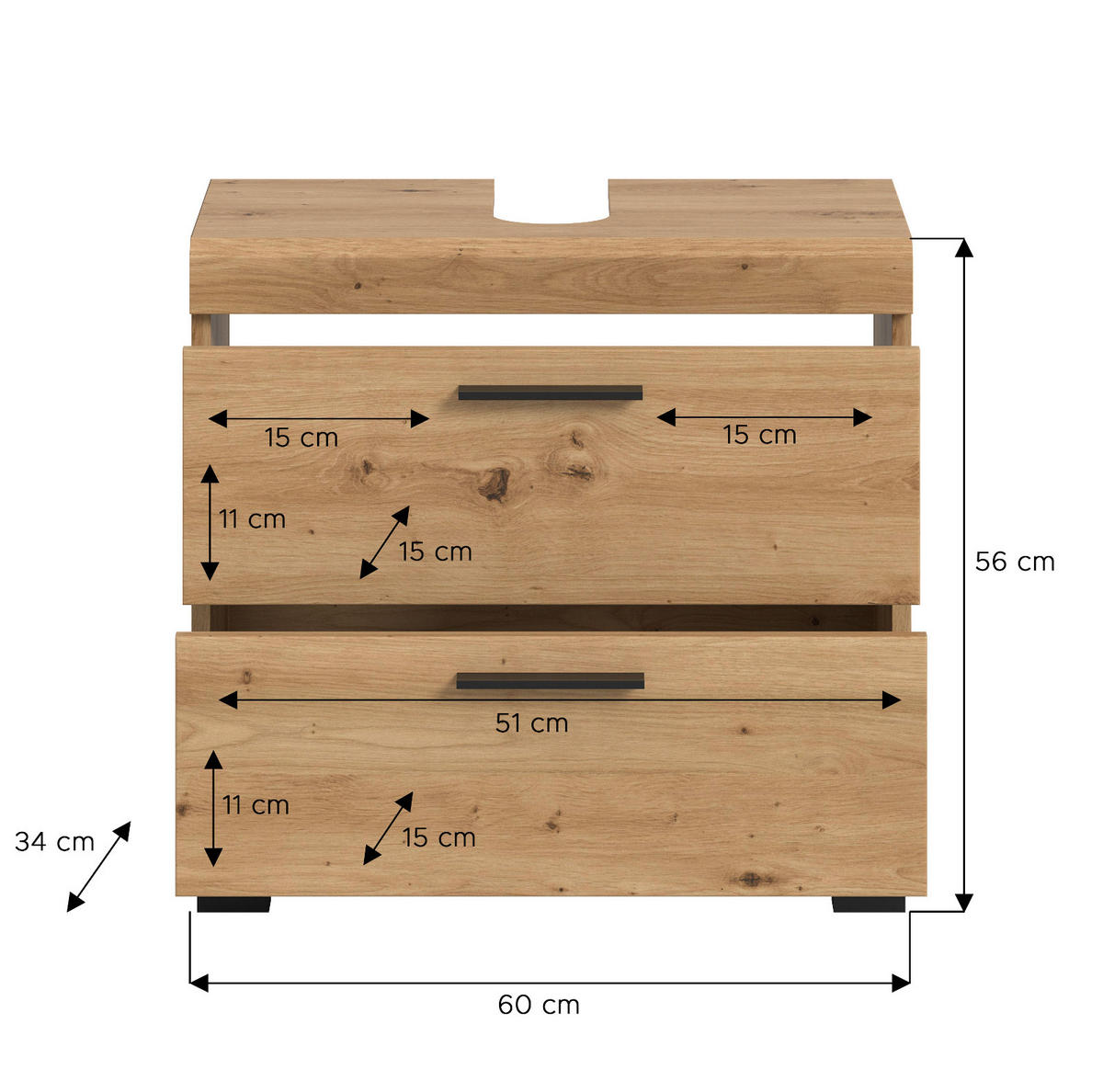 WASCHBECKENUNTERSCHRANK Eiche Artisan 60 cm, Badezimmer Unterschrank mit Schubkästen - Schwarz/Eiche Artisan, Holzwerkstoff/Kunststoff (60/56/34cm) - Inn.Furn