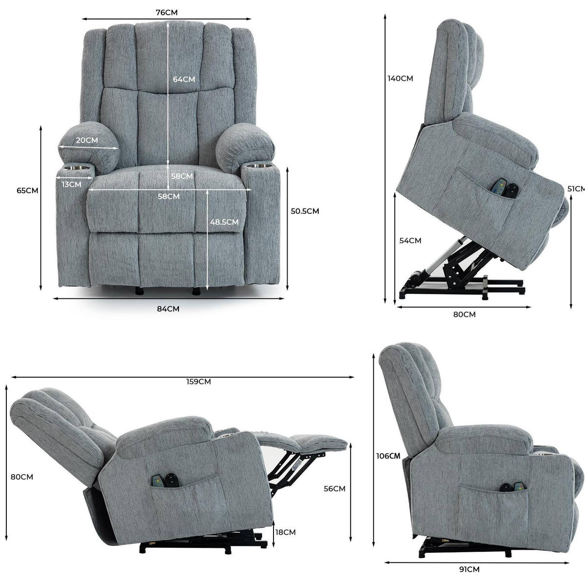 MASSAGESESSEL in Hellgrau 84x91x106 cm mit elektrischer Aufstehhilfe und Wärmefunktion - Hellgrau, Textil (91/106/84cm) - IVMEU