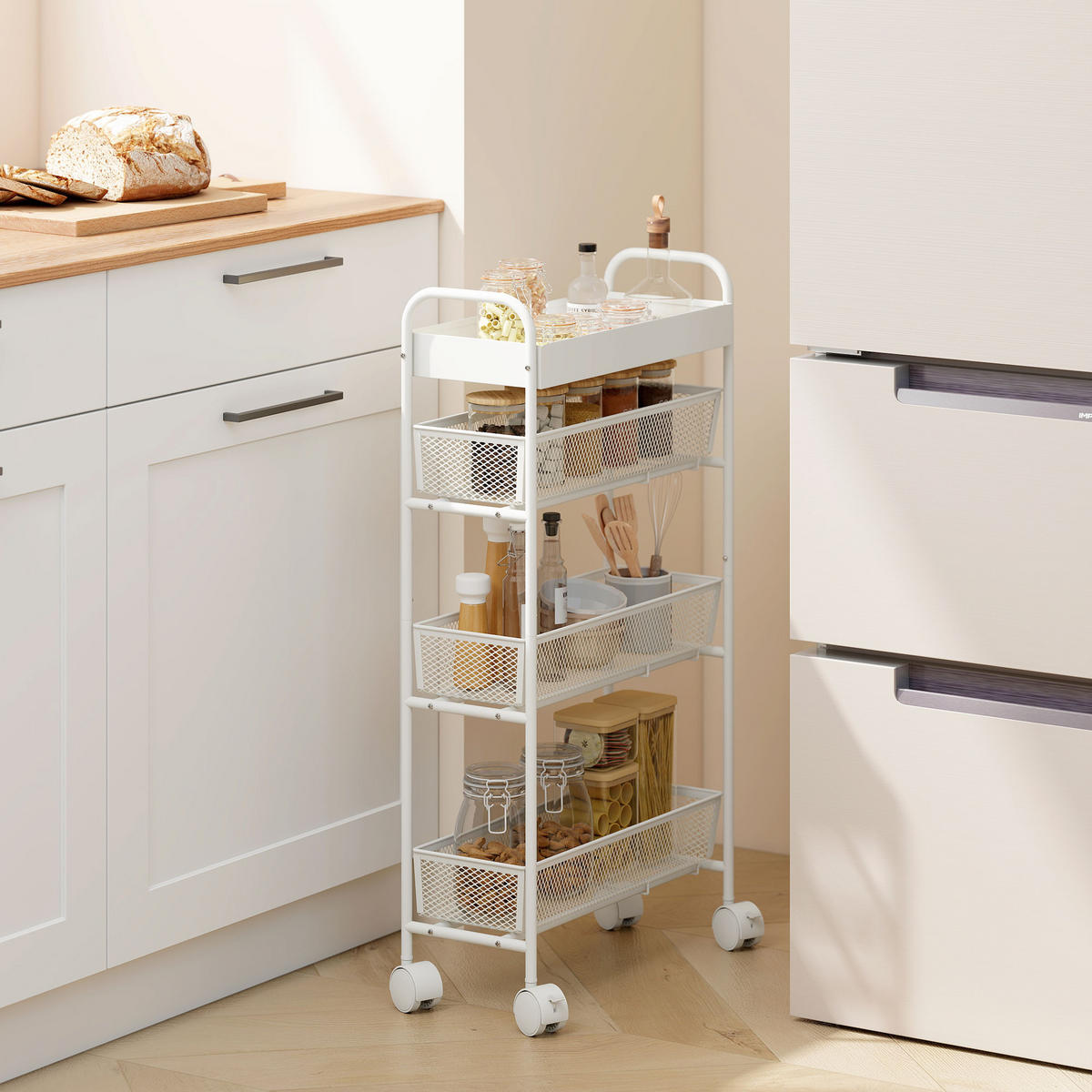 ROLLWAGEN Küchenwagen mit 4 Ebenen Servierwagen mit Rollen 3 Ausziehkörben Weiß - Weiß, Metall (19/80/43.2cm) - HOMCOM
