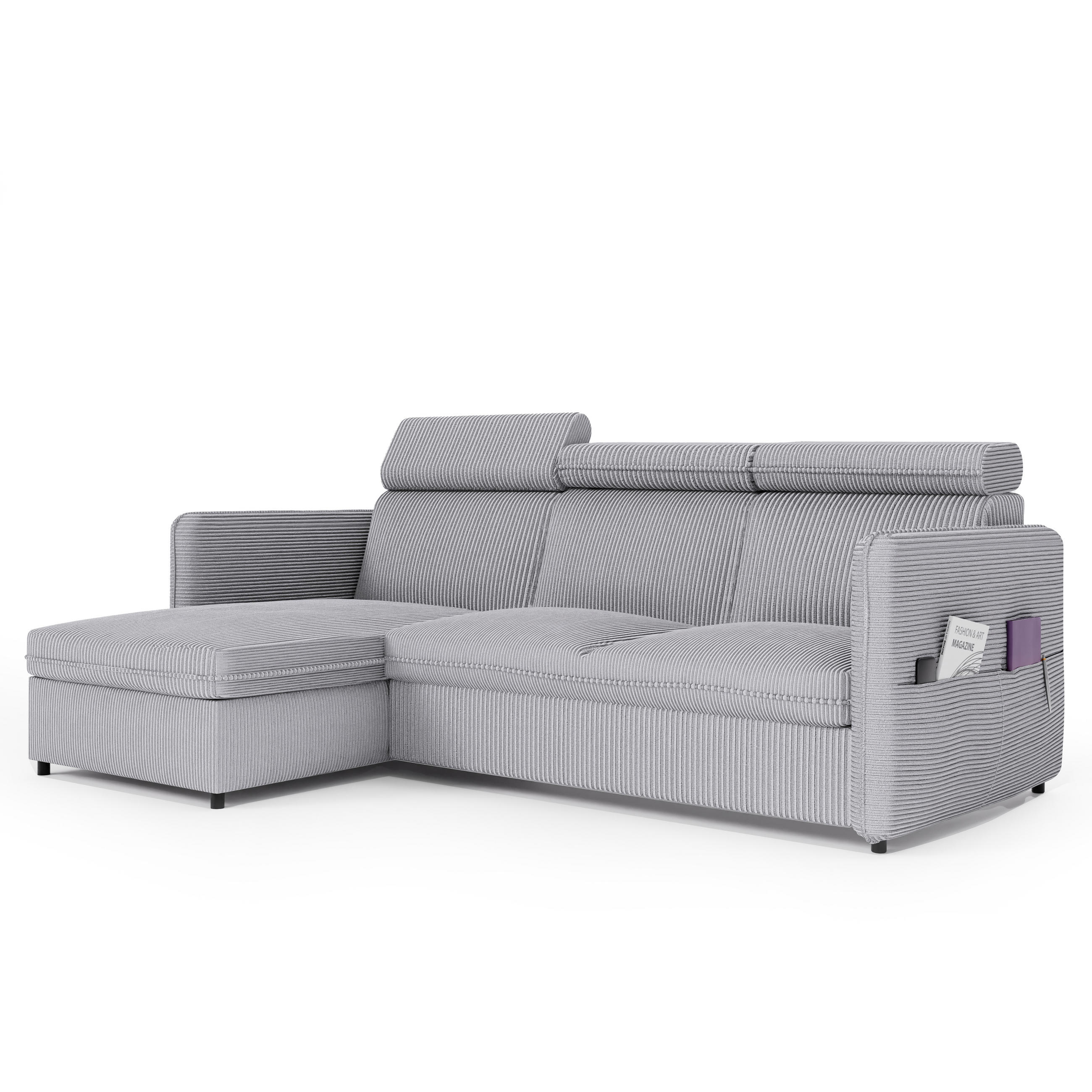ECKSOFA mit Schlaffunktion und Bettkasten, Hellgrau - Grau, Holzwerkstoff/Textil (220/140cm) - Idohome