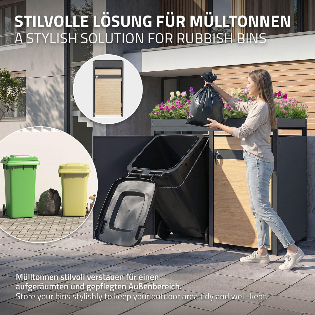 MÜLLTONNENBOX 3er mit Pflanzdach Anthrazit-Lärchenoptik - Hellbraun, Metall (200/124/80cm) - ML-DESIGN