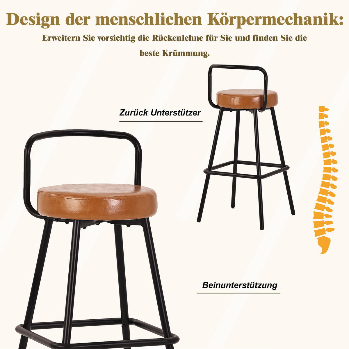 BARHOCKER 4-Tlg Ergonomisch, PU Leder, Eisenbeine, Braun - Braun, Metall (37/90.5/37cm) - FLIEKS