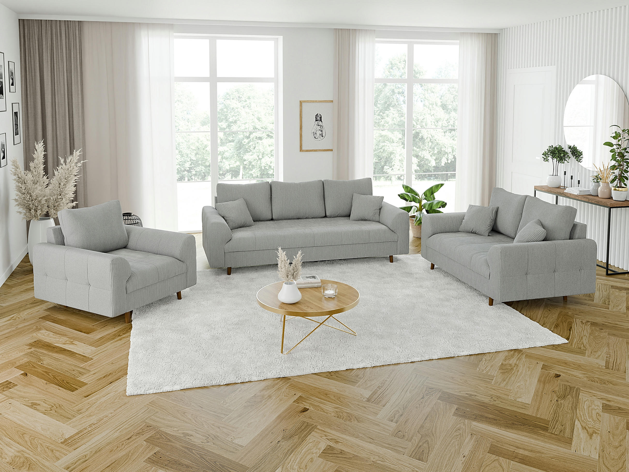 SITZGARNITUR 3+2+1 Alma Hellgrau Cord - Hellgrau/Schwarz, Holz/Textil (210/81/93cm) - S-Style Möbel
