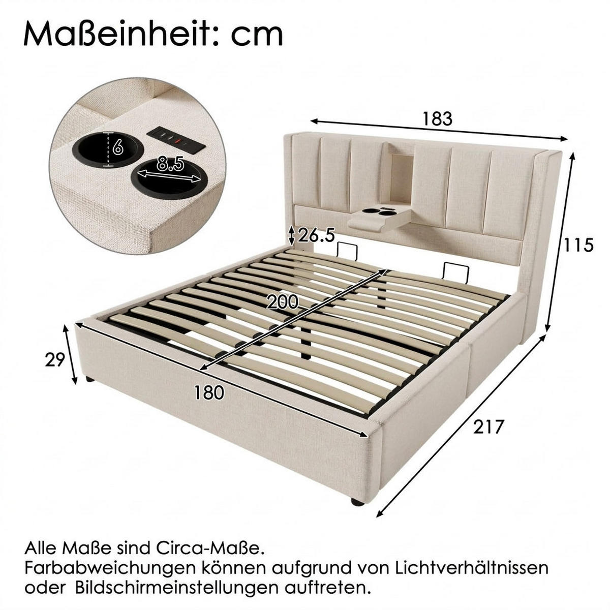 POLSTERBETT 180/200 cm Beige mit verstecktem Becherhalter und Ladestation (Ohne Matratze) - Beige, Textil (180/200cm) - Oxeza